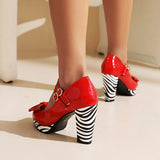 Women's Cute Lolita Cosplay Shoes T Strap Patent Leather Bow Mid Chunky High Heel Mary Jane Pumps Patchwork Striped