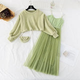 Autumn Winter Women Sweet Two Pieces Suit Knitted Sweater O Neck Sweaters and Dress Set Female