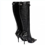 Fashion Luxury Pointed Toe Stiletto Women's Shoes Retro Metal Buckle Zipper Knee High Boots Slim Tassel Boots Women Size