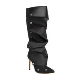 Breakj New High Heel Pointed Metal Rivet Jeans Splicing Two Wear Pile And Knee Boots Large Size Women's