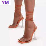 PVC Transparent Cross Women Clear Crystal Thin High Heel Stilettos Sexy Lace Up 2021 Summer Sandals Shoes Open Toe Ladies