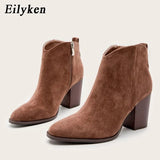 2022 Autumn Faux Suede Ankle Boots Women High Heel Side zipper High top Stacked Block Heel Short Western Cowboy