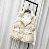 Winter Single Breasted Light Down Short Vest Jacket Women White Duck Down Coat Waist Retractable Pocket Sleeveless
