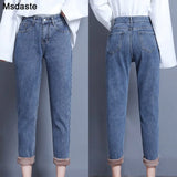 Jeans Pants For Women Winter Wear Mom Straight Denim Pants With Fleeces Ladies Thick Warm Female Pencil Denim