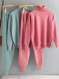 2 Pieces Set Women Knitted Tracksuit Turtleneck Sweater + Carrot Jogging Pants Pullover Sweater Set CHIC Knitted