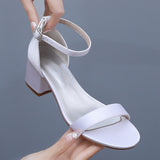 Breakj Cm Square Heel Sandals Shallow Mouth With Buckle Sandals Ivory White Silk Satin Cloth Bride White Sandals