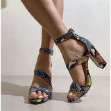 Snakeskin Women Peep Toe Square High Heels Sandals 2022 Woman Sexy Party Shoes Women Summer New Ankle Strap Footwear Plus