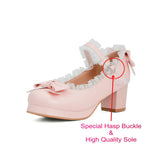 Girls Sweet Lolita Ruffles Bowknot Lace Bridal Wedding Shoes Women High Heel Bordered Princess Dress Men Pink Plus Size