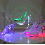 Breakj 34-43 Sexy Super High Heels Luminous Thin Heel Waterproof Platform Sandal Transparent Model Crystal Shoes Wedding