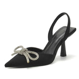 Brand Rhinestones Bowknot Women Sandals Elegant Thin High heels Flock Slingbacks Summer Office Lady Shoes Purple