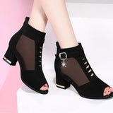 New Peep Toe Sandals Boots,Women PU Leather Summer Mesh Shoes,Low Heels,Back Zip,Female