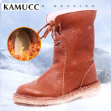 2022 Women Winter Mid Calf Boots Leather Snow Boots Lace Up Plush Fur Warm Slip-on Ladies Shoes Square Heel Short