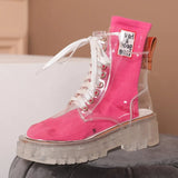 Women Rain Boots Mature Ladies Lace-up Waterproof Ladies Shoes Transparent Candy Color Soles Outdoor Girl