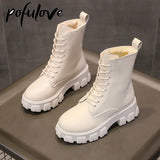 Winter Snow Boots Women Black White Fur Boots Leather Ankle Booties Fashion Fall Shoes Platform Chunky Boots