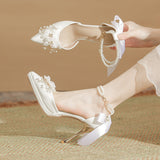 Flower Bow Pearl Chain Waterproof Platform Heel Heels Not Tired Wedding Shoes High