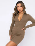 Women Mini Dress Button Turn Down Collar Long Sleeve Bodycon Casual Fashion Autumn Ladies Elegant Sexy Shirt