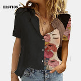 Women Elegant Office Simple Turn-down Collar Cartoon Print Casual Shirt Fashion Summer Short Sleeves Button Cardigan