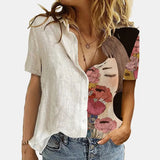 Women Elegant Office Simple Turn-down Collar Cartoon Print Casual Shirt Fashion Summer Short Sleeves Button Cardigan