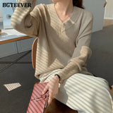 Elegant V-neck Knitted Women Sweaters Full Sleeve Loose Female Pullovers Jumpers Autumn Winter Thick Ladies