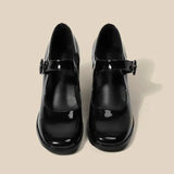 New Mary Jane Shoes Female Retro English Style Hepburn Black High Heel One-Word Buckle Thick Heeled Square Head Single Shoe
