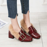High Heel Casual Shoes Fashion Fur Decoration Rivet Pumps Buckle Office Ladies Shoes Warm Women Party Wedding Fur
