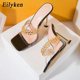 New Summer Pumps Fashion Chain Slippers Sandals Shoes Women Thin High Heels Slip On Square Toe Mules Slides Ladies