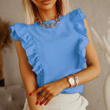 Fashion New Women Loose O Neck Ruffled Short Sleeves Tops Casual Solid Color Elegant Office Lady Slim Pullover