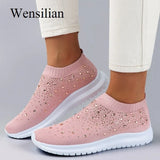 Vulcanized Shoes Sneakers Women Knit Loafer Bling Tenis Feminino Slip on Female Flat Crystal Casual Shoes zapatillas