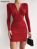 Shrug Mini Dress Women V Neck Ruched Casual Sexy Long Sleeve Clubwear Bodycon Office Ladies Elegant Chic Dresses