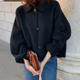 2021 Autumn Winter Women Elegant Solid Color Wool Coats Chic Turn Down Collar Long Sleeve Coat Female Chic
