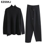 Pieces Set Women Knitted Tracksuit Turtleneck Sweater + Carrot Jogging Pants Pullover 2021 Sweater Set CHIC Knitted