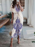 Women Summer Short Sleeve Boho Dresses Belt Office Lady Elegant Button Lapel Shirt Dress Spring Printing Draped Long Party
