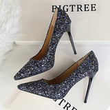 Breakj Women's Shoes High Heel Shallow Pointed Shining Sequins Sexy Thin Nightclub High