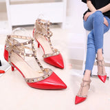 Women's Shoes 2019 Summer Pointed High-heeled Stiletto Patent Leather Rivet Single Shoes Was Thin Buckle Women's