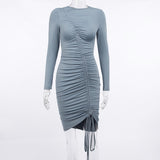 Women Drawstring Ruched Long Sleeve Dress Bodycon Autumn O Neck 2021 Vintage Streetwear Party Elegant Female