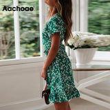 Women Dresses Summer 2021 Sexy V Neck Floral Print Boho Beach Dress Ruffle Short Sleeve A Line Mini Dress Sundress