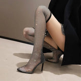 Crystal Transparent PVC Mesh Upper Ankle Boots for Women Pointed Toe High Heels Shoes Woman Zapatos De Mujer