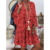 Fashion New V Neck Print Ruffle Dresses Casual Button Pacthwork Loose Mid Dresses Elegant Streetwear Party Female