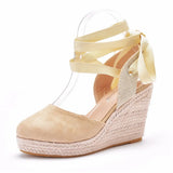 Breakj Round Head Water Table Slope Sandals Roman Strap High Heel Sandals Hollow Summer Grass Table Sandals