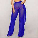 Beach Pants New Arrival Mesh Sheer Bikini Cover Up Transparent Ruffle High Waist Pants Long See Through Ladies