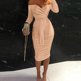 Fashion Solid Ladies Long Sleeve Bodycon Dress Sexy Hollow Out Women Party Dress Spring Autumn New Elegant Off Shoulder
