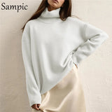 Sexy Women Casual Knitted Pullovers Long Sleeve Jumpers Sweater Tops Turtleneck Loose White Cropped Sweater Autumn