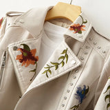 New Women Retro Floral Print Embroidery Faux Soft Leather Jacket Coat Turndown Collar Pu Moto Biker Black Punk