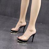 Women Summer 2023 Sexy high-heeled Slides Nightclub Waterproof Ladies Sandals Black Thick Bottom Fine Heel 12cm