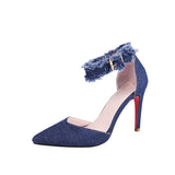 Denim Jeans Pumps High Thin Heels Blue Shallow Buckle Ankle Strap Pointed Toe Female Sandal Sexy Party Dress Tacones