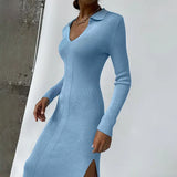 Turn Down Collar Long Sleeve Midi Knitted Dress High Split Autumn 2021 Chic Knitwear Elegant Female Aesthetic