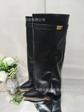 Breakj Women's Shoes New Pointed Big Tube Straight Metal Buckle Boots Large Size Thick Heel Trouser Hose Boots Women's