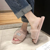 Breakj Winter New Korean Version Of The Crown Sequins One-Word Plush Warm Wool Slippers Flat Cotton Drag