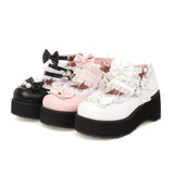 Women Fashion Wedges High Heel Bow Buckle Strap Platform Round Toe Cosplay Lolita Mary Janes Shoes Sweet Strap Bow Hairball
