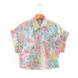 Women Fruit Printing Raglan Sleeve Short Shirt Female Patch Pocket Blouse Casual Lady Loose Tops Blusas